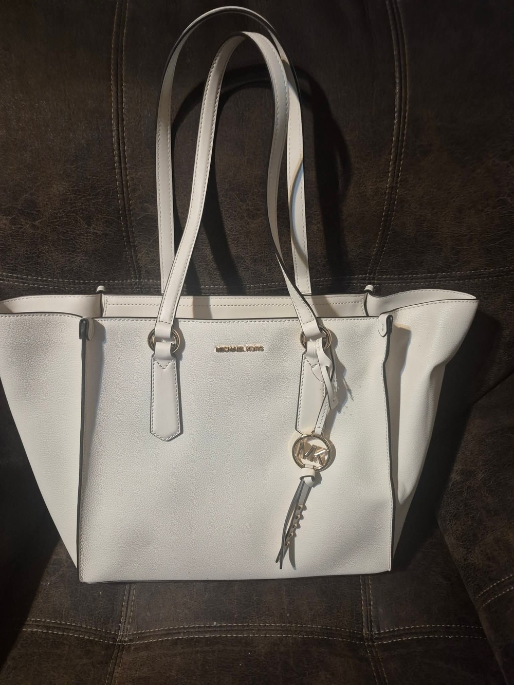 Michael Kors White Leather Tote with Gold Logo Charm
